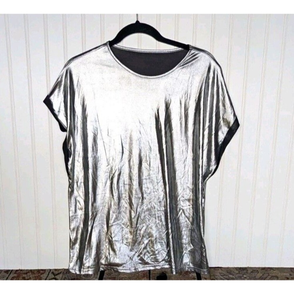 Women's Silver/Black Metallic Knit Scoop Neck Short Sleeve Pullover Top L
